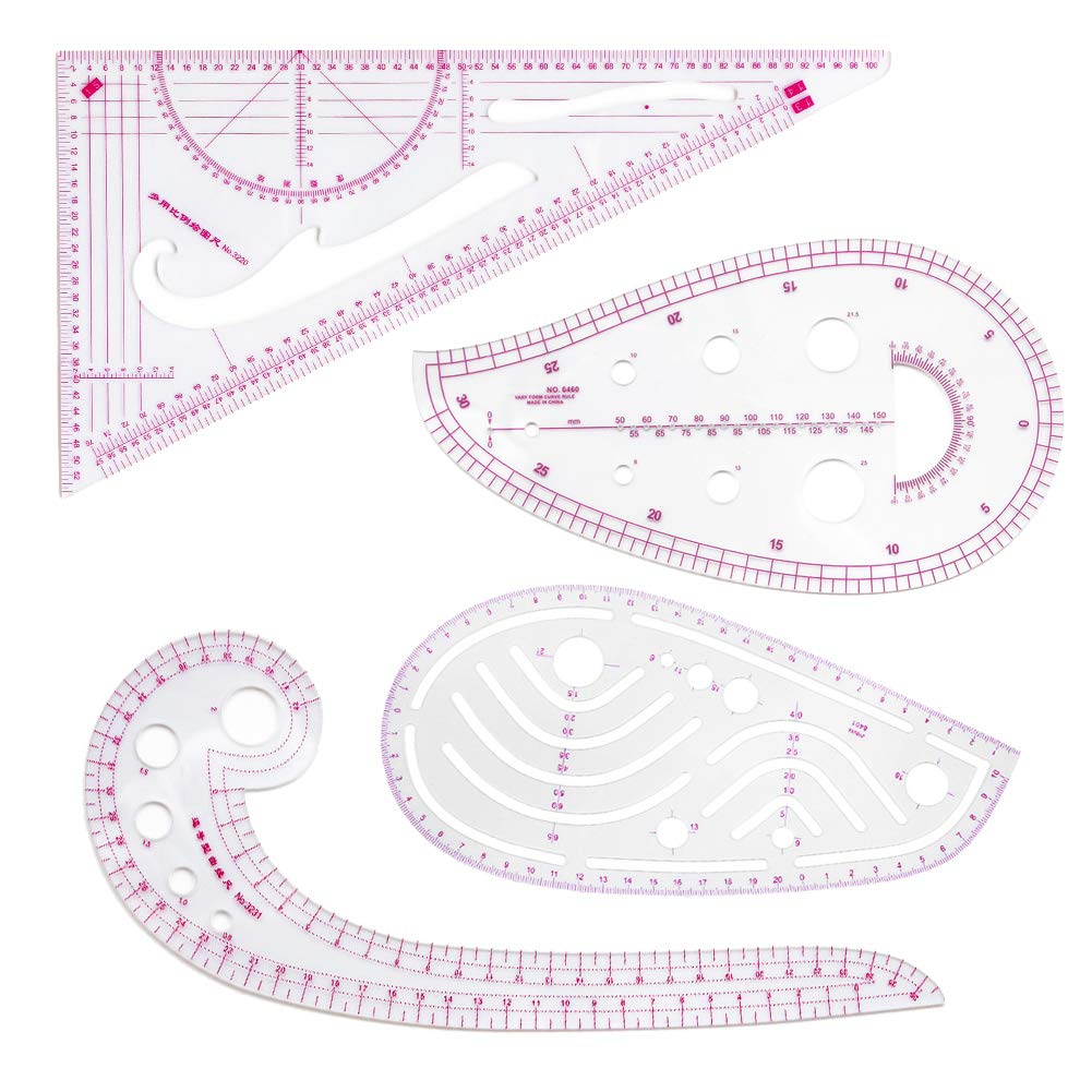 HLZC Fashion Clear Metric Sewing Ruler Set, French Curve Pattern Making Ruler Kit for Beginners Tailors Designers (4-Piece Set)