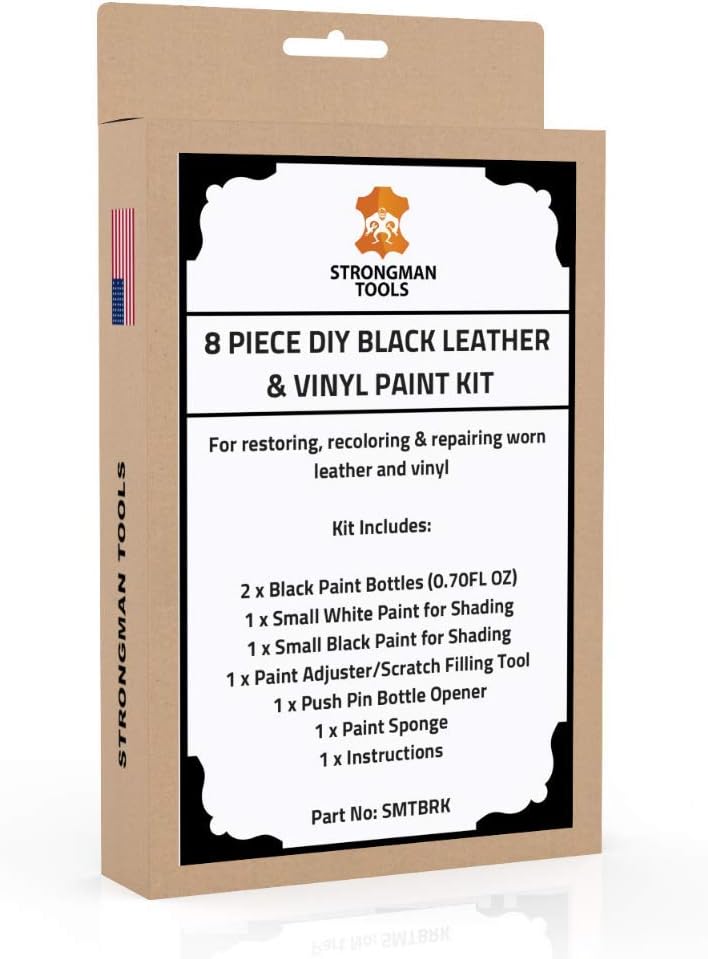 Strongman Tools | Black Leather and Vinyl Paint Repair Kit | Restore Your Sofa, Couch, Car Seats, Jackets, Shoes | Simple Instructions | Works with Vinyl, Bonded, PU, Bycast, Italian | Non Toxic