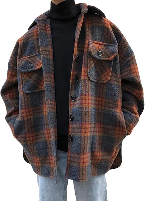 Amazon ニカ メンズ チェスターコート ショート丈 チェック柄 長袖 トップス ゆったり 着痩せ 韓国風 おしゃれ 厚手 秋冬 アウター トレンチコート 折り襟 カジュアル 学生 通勤 通学 コート ジャケット 通販