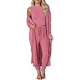 KIRUNDO 3 Piece Lounge Sets for Women Airport Travel Vacation Outfits Spring Cardigan Matching Sleeveless Top Jogger Pants