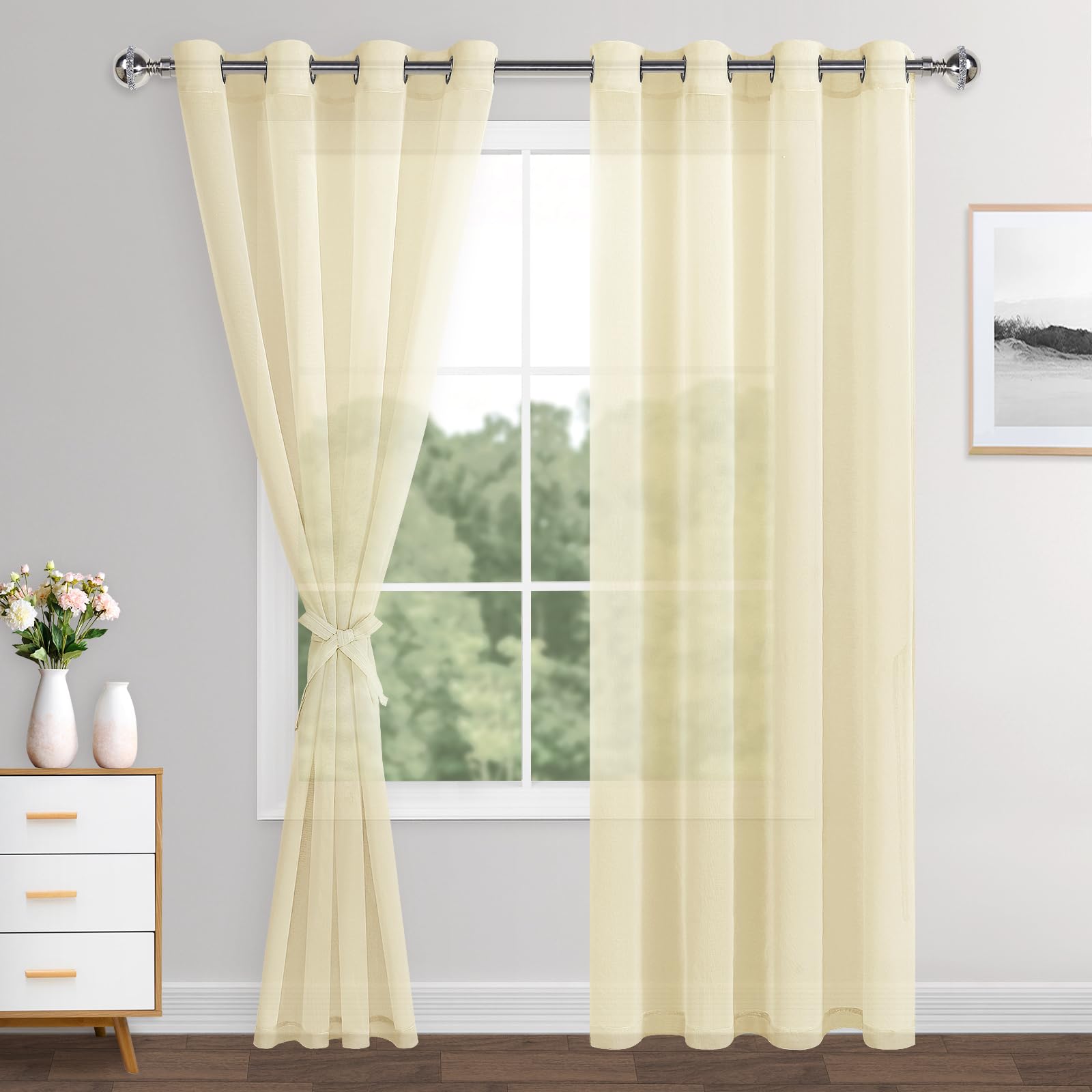 XWZO Beige Sheer Curtains Semi Transparent Eyelet Top Linen Look Voile Panels/Drapes/Treatment for Bedroom Living Room,W55*L90，Set of 2