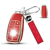 QBUC for Mercedes Benz Key fob Cover, TPU Car Key Case Protector with leather Keychain Compatible with Mercedes-Benz 2017-2021 E-Class S-Class 2019-2023 A-Class C-Class G-Class, Red