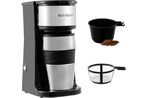 Nehilumn Single serve one cup drip coffee maker 14 oz,with personal travel cup,auto shut off function,Reusable Filter,Black and Silver