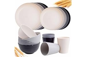 Rubtlamp Wheat Straw Dinnerware Sets, 16PCS Plastic dinnerware Set for 4, Wheat Straw Plates and Bowls sets, Unbreakable Dinnerware Plastic Microwave Safe Dishes Det for Kitchen&Camping