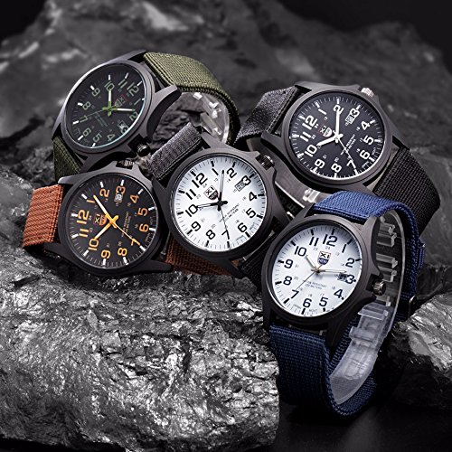 Military Watch,Men Analog Watches Army Filed Tactical Sport Wrist Watches Canvas Strap Calendar Date (Blue)