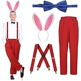 Mepase 4 Pcs Halloween Rabbit Costume Includes Men's Red Pants Red Adjustable Suspenders Bunny Headband Blue Bow Tie for Adults Bunny Cosplay