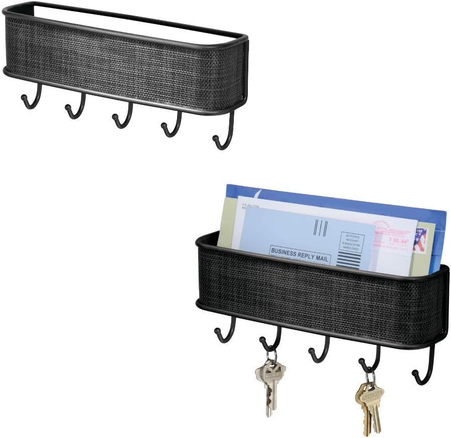 InterDesign Twillo Mail and Key Holder, Decorative Wall Mounted Key Rack Organizer Pocket and Letter Sorter Holder for Entryway, Kitchen, Mudroom, Home Office Organization, Set of 2, Matte Black
