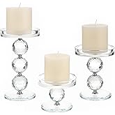 OwnMy Set of 3 Crystal Glass Pillar Candlestick Holders Clear Pillar Candle Holders Sets, Tealight Votive Candle Stands Modern Candle Centerpiece for Living Room Wedding Decor