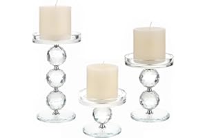 OwnMy Set of 3 Crystal Glass Pillar Candlestick Holders Clear Pillar Candle Holders Sets, Tealight Votive Candle Stands Modern Candle Centerpiece for Living Room Wedding Decor