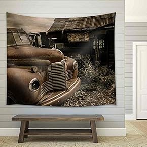 Jerome Arizona Ghost Town Mine and Old Cars 2013 - Fabric Wall Tapestry Home Decor - 51x60 inches