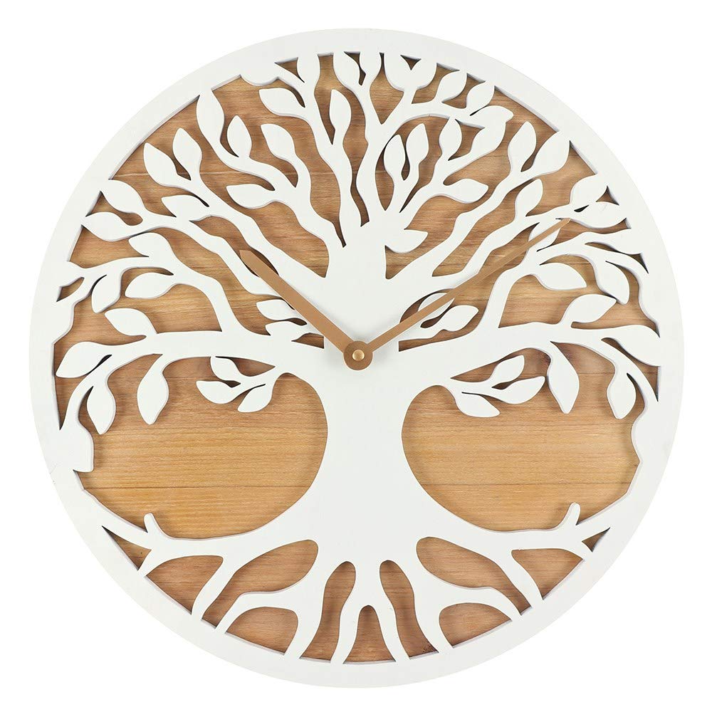 Whimsical White Tree of Life Cut-Out Clock - 41cm x 41cm (1 Pc.) - Large 40cm Size, Intricate Design on Wood Effect Background, Perfect for Adding a Spiritual Touch to Your Space