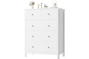 HOUSUIT White Dresser with 5 Drawers, Tall Dresser Chest of Drawers, 5 Drawer Dresser with Deep Space, Wood Dresser Storage Cabinet for Living Room, Hallway, Office, White