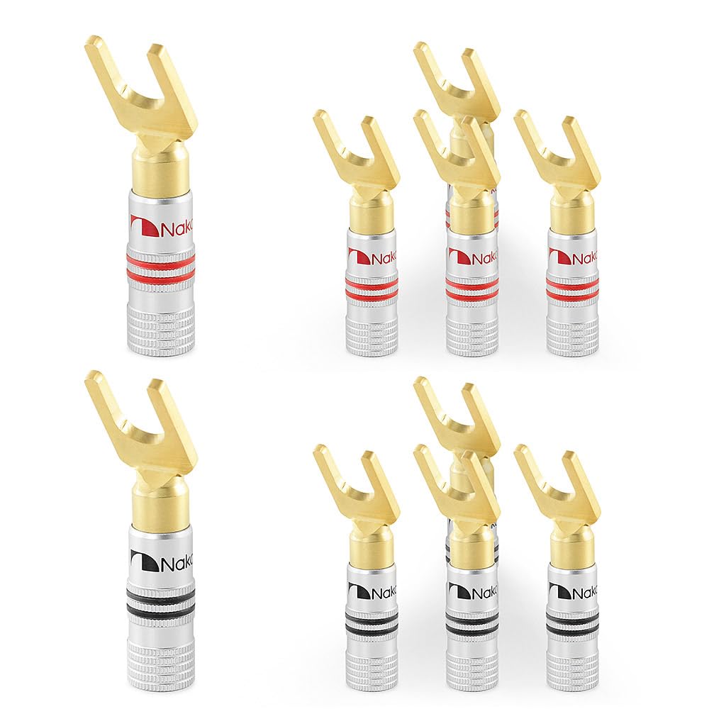 Nakamichi Excel Series 24k Gold Plated Banana Plug 12 AWG - 18 AWG Gauge Size 4mm for Speakers Amplifier Hi-Fi AV Stereo Home Theatre Audio Wire Cable Screw Connector 10 Pcs (5-Pairs), Spade Connector