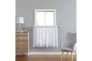 ASATEX Pair of 2 30 (W) x 45 (L) Inch White Lace Cafe Curtains (Tiers) with Beautiful Flower Embroidery. Add Classic, Elegant Decoration to Kitchen, Dining Room or Small Window. FIO 30” x 45” White