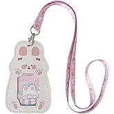 Cute Badge Holder Lanyard Cartoon Bunny ID Card Holder Kawaii ID Badge Keys Lanyard Strap Neck Lanyard PU Leather Badge Holder for Women Girls Boys (Bunny)