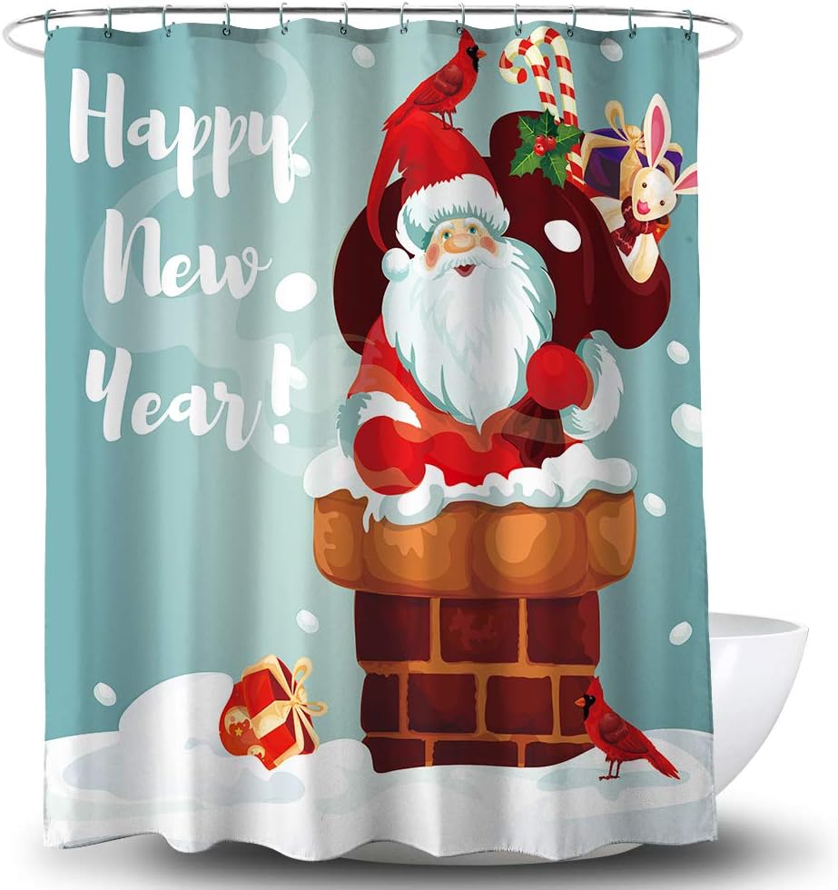 AO BLARE Christmas Santa Claus Chimney Gift Snowflakes Bird Happy New Year Green Background Thicken Polyester Fabric Waterproof Coating Bathroom Decor Shower Curtain with Hooks 72X72 Inches