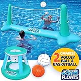 JOYIN Inflatable Pool Float Set Volleyball Net & Basketball Hoops, Floating Swimming Game Toy for Kids and Adults, Summer Floaties, Volleyball Court (105”x28”x35”)|Basketball (27”x23”x27”),L-Blue