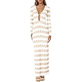 Saodimallsu Womens Crochet Summer Maxi Dress Striped Sexy Cut Out V Neck Long Sleeve Knit Cover Up Beach Dresses