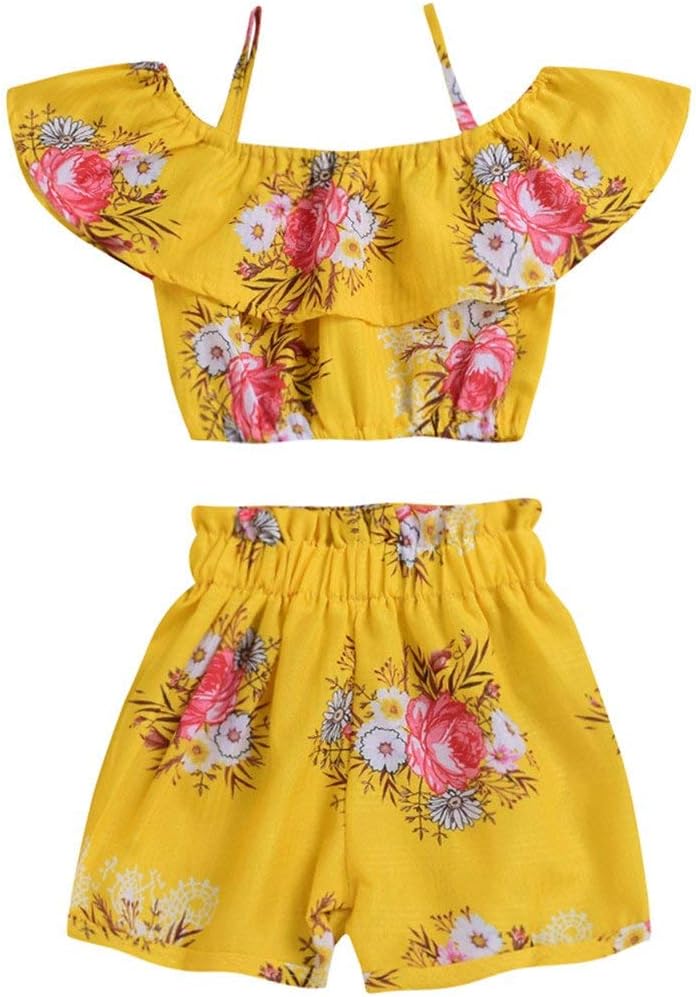 Toddler Baby Girl Floral Halter Ruffled Outfits Set Yellow Strap Crop Tops+ Shorts Pants Summer Clothes Set