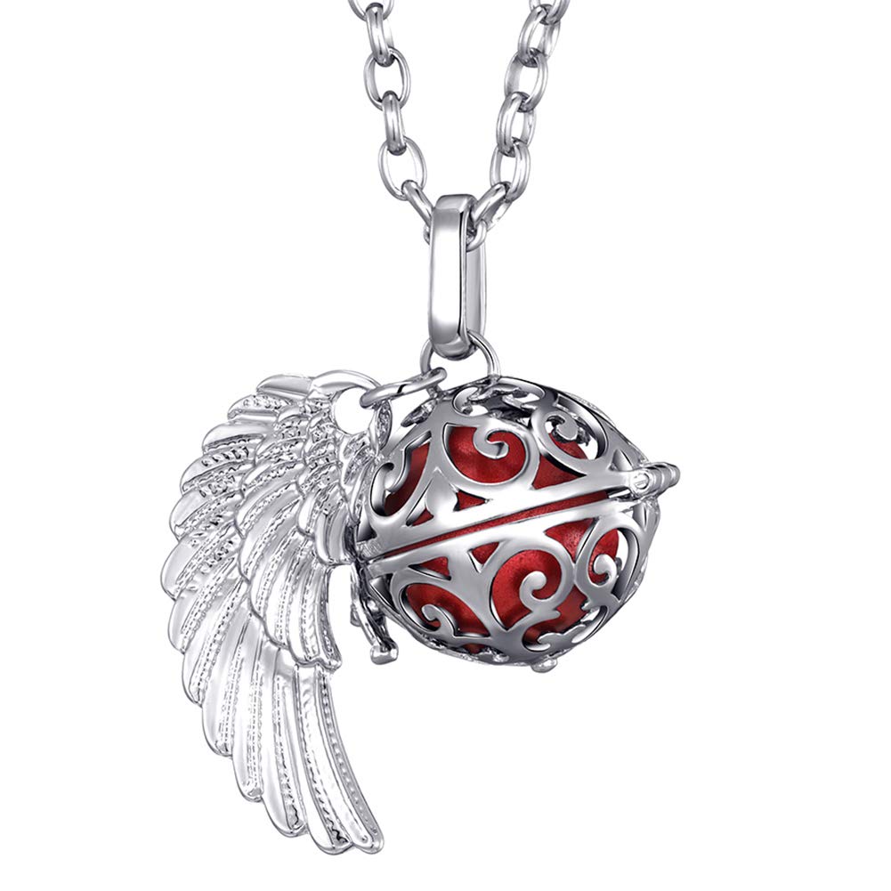 Morella Women Necklace Stainless Steel 70 cm 27,5" with Ornament with Angel Wing Pendant with Sound Ball Red Ø 16 mm 0,63" in a Velvet Jewelry Bag