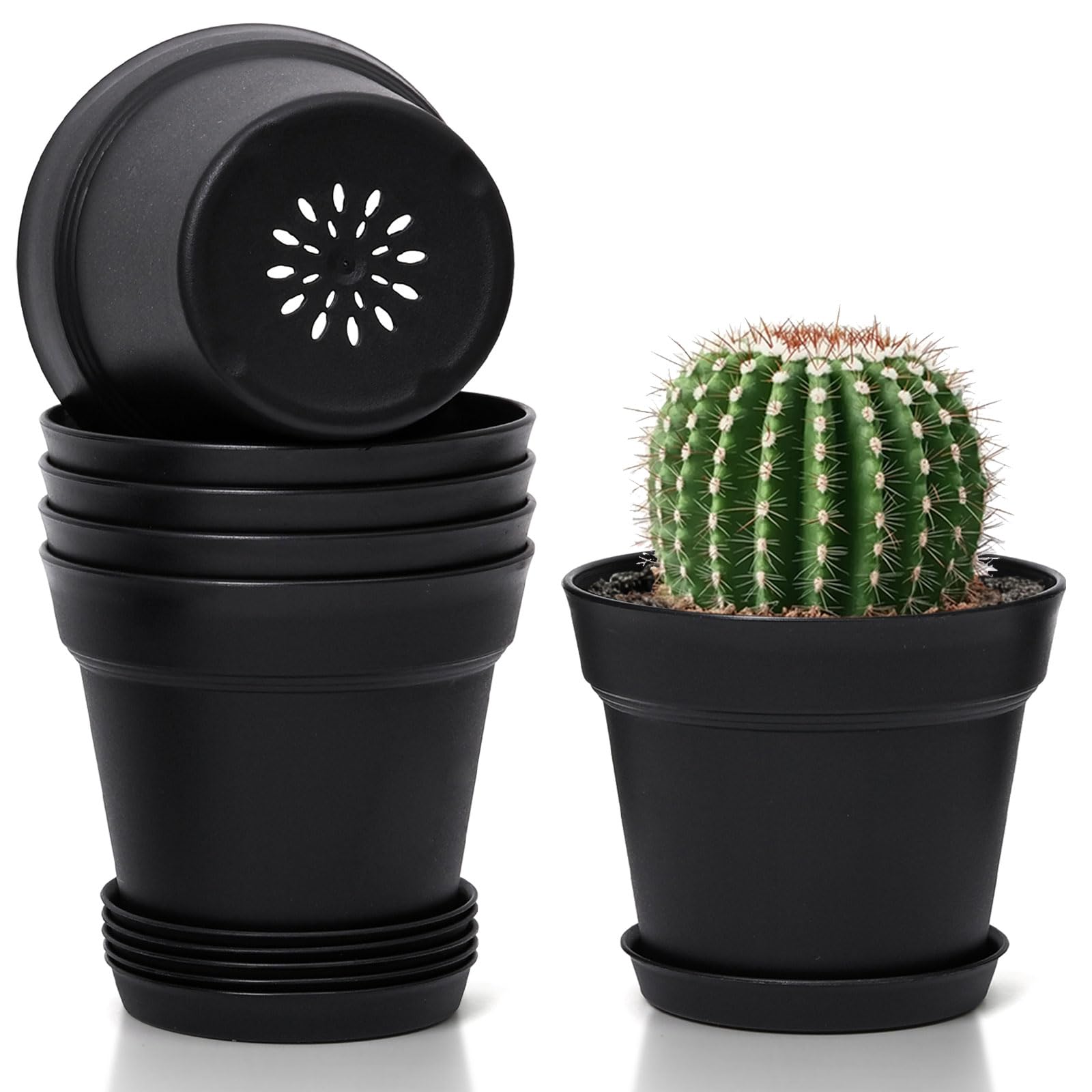 T4U Plastic Plant Pots 6-Pack, Flower Pot with Drainage Hole and Saucer, Classic Indoor Outdoor Plant Pots for Succulent, Snake Plant, Aloe Vera and All House Plants (12.5CM Opening Diameter, Black)