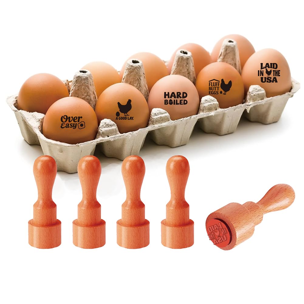 Photo 1 of AHANDMAKER 5 Styles Egg Stamps Text and Chicken Pattern Egg Stamp, Mini Wooden Egg Stamp, Unique Designs Egg Drawing Stamps for Egg Famers and Owners, Scrapbooking Card Making Planner Decal