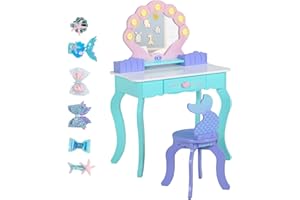 BRINJOY Kids Vanity with Lights, Wooden Princess Vanity for Girls, 2 in 1 Ocean Theme Toddler Dressing Table and Chair Set, Little Girl Makeup Vanity with Mirror for Children Birthday