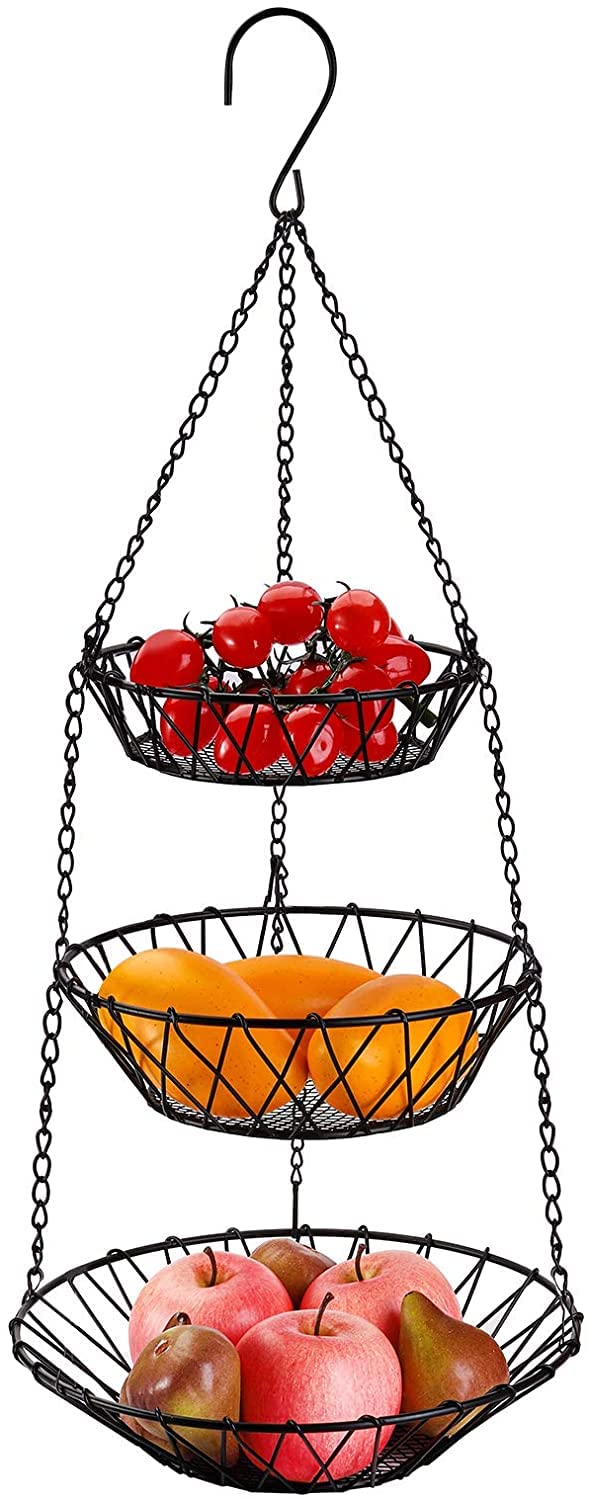 Jucoan 3-Tier Hanging Fruits Basket, Heavy Duty Wire Vegetable Fruit Storage Basket with Metal Chain, Hanging Hooks and Detachable Round Baskets for Kitchen