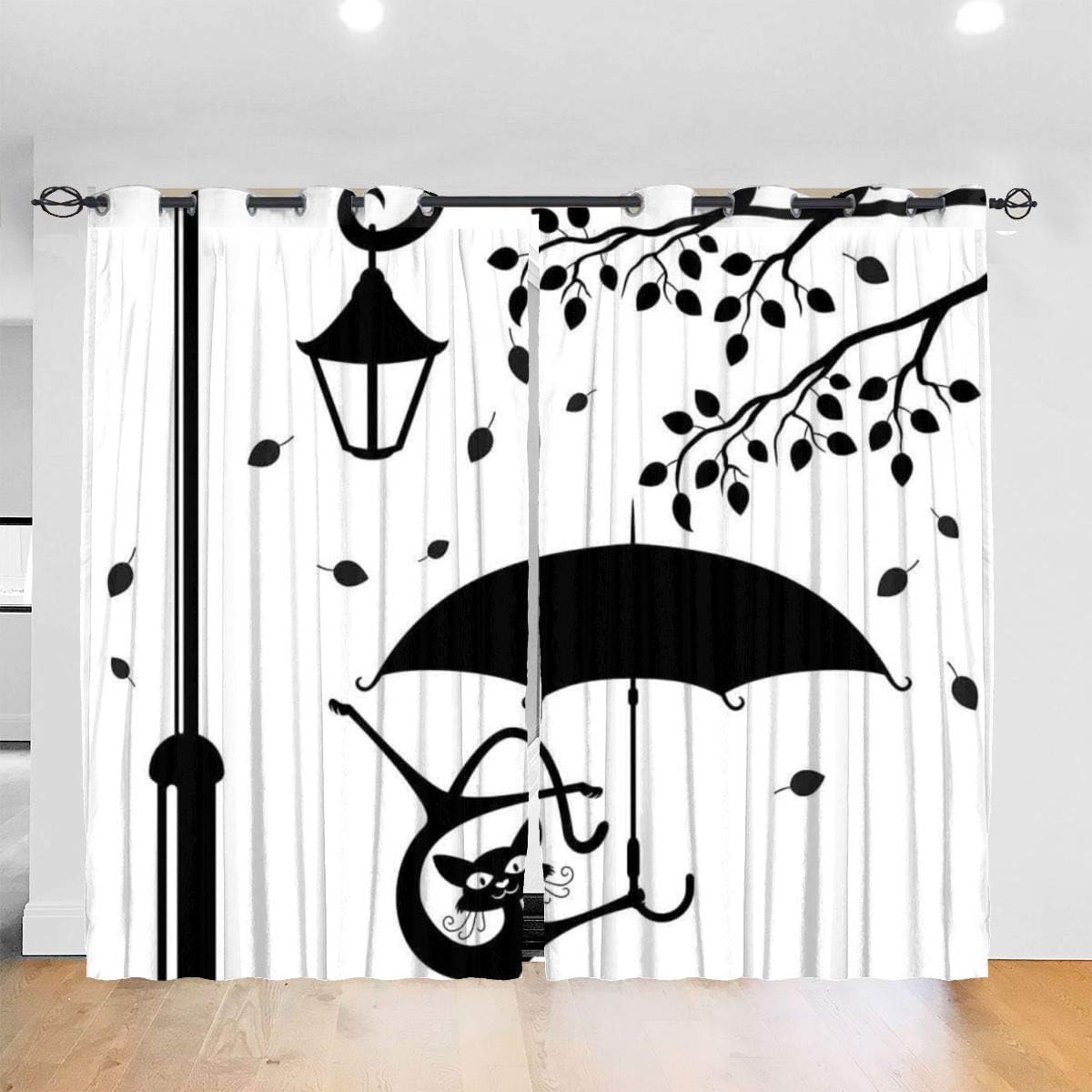 Cortina Opacas con Ojales,Gracioso gatito con paraguas bailando bajo la