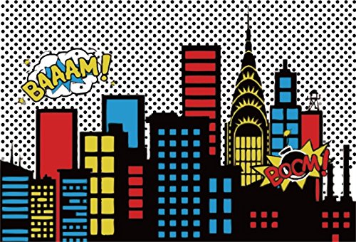 AOFOTO 7x5ft Cartoon Super City Backdrop Boy Birthday Banner Urban Night Cityscape Manor Bomb Downtown Buildings Photography Background Bang Boom Skyscraper Kid Newborn Portrait Studio Props Vinyl