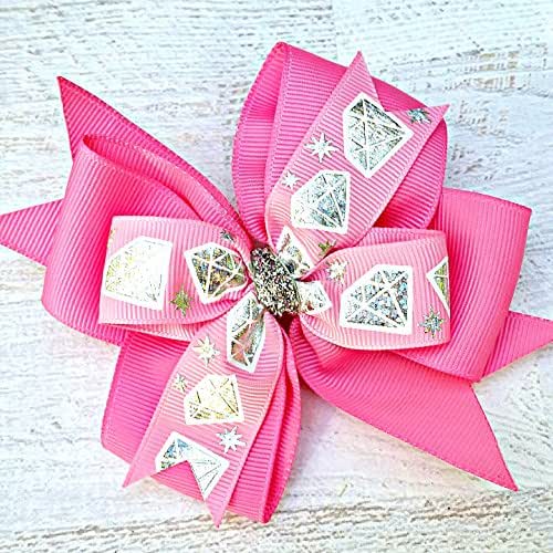 Pink and Silver Sparkly Diamond Hair Bow for Girls, 4 Inch