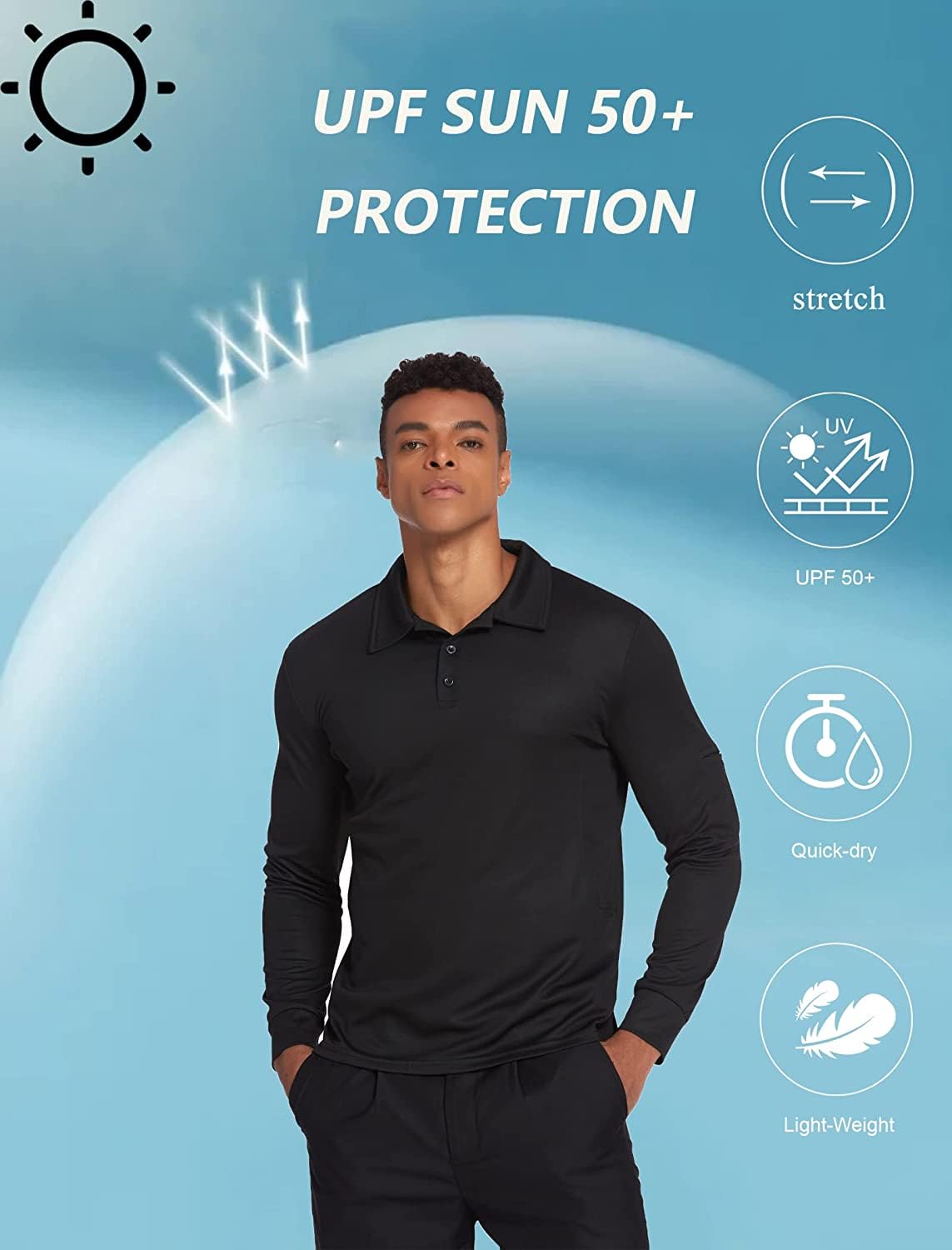 Deyeek Mens Polo Shirts Quick Dry Black Long Sleeve Polo Shirts for Men UPF 50+ Sun Protection Golf Polo Shirts