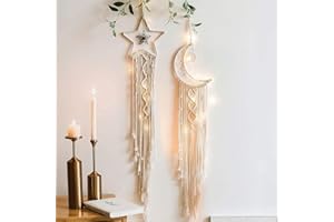 Paperbear Star Moon Dream Catcher with Lights, Macrame Wall Hanging Art Wove, Boho Wall Decor, Home Decor, Star Moon Decor, Gifts for Girls, Gifts for Mom, Gifts for Women, Gifts for Grandma, 2pcs