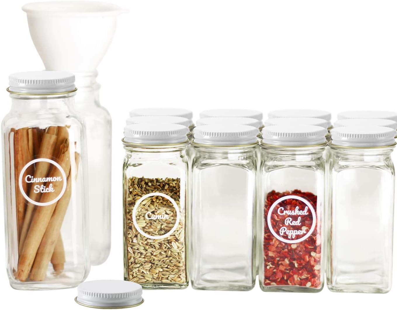 SpiceLuxe Premium Spice Jar Set -14 Empty Square Glass Jars, White Metal Airtight Lids, 100 Spice Labels, Easy Pour Funnel, and Shaker Tops - Decorative Containers Organize Your Spice Rack or Pantry