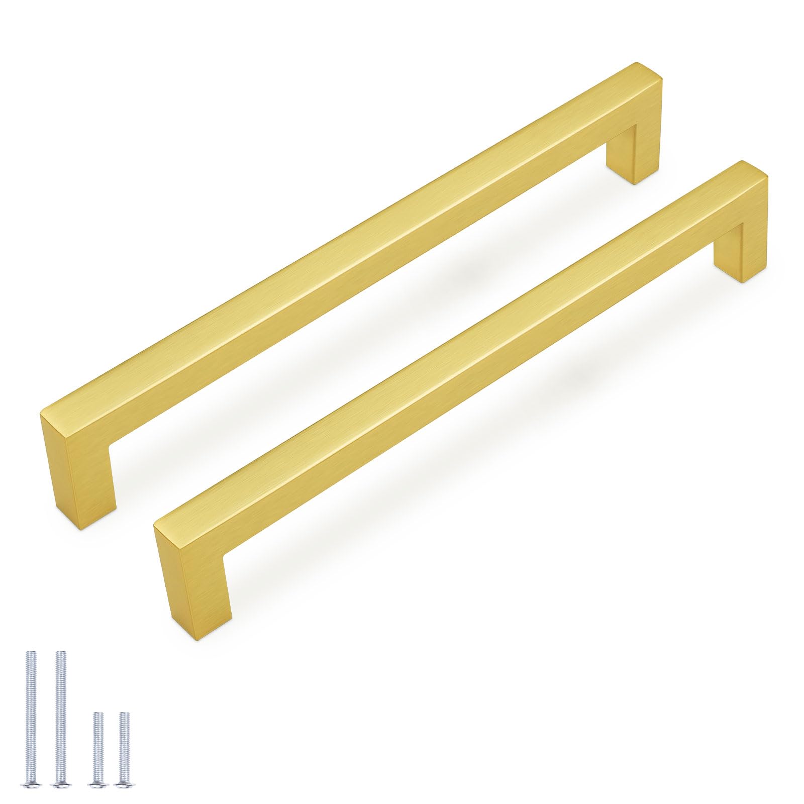 KNOBWELL 12Pack 7-9/16 Inch Brushed Gold Cabinet Pulls Stainless Steel Kitchen Cabinet Handles Square Drawer Pulls Modern Cabinet Hardware Handles，192mm Hole Centers Image