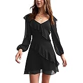 liher Womens Fall Dress Mesh V Neck Sheer Long Sleeve Ruffle Trim Cocktail Party Club Mini Dresses