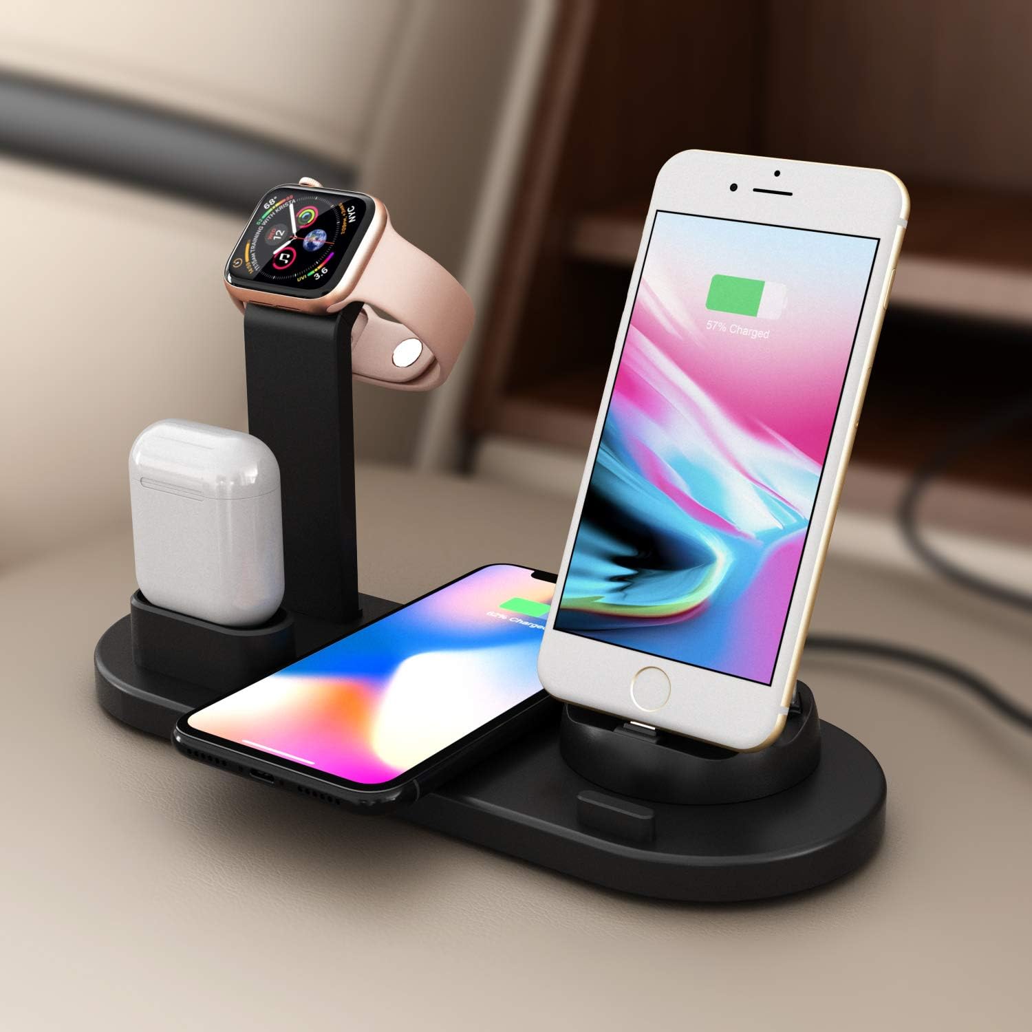 [Newest 2020] Wireless Charger 4 in 1 Charging Station - Upgraded Fast Wireless Charging Stand Compatible with Phone XI/XI pro/X/XS/XR/Xs Max/8/8 Plus, Smart Watches, Pods and Android Devices (Black)