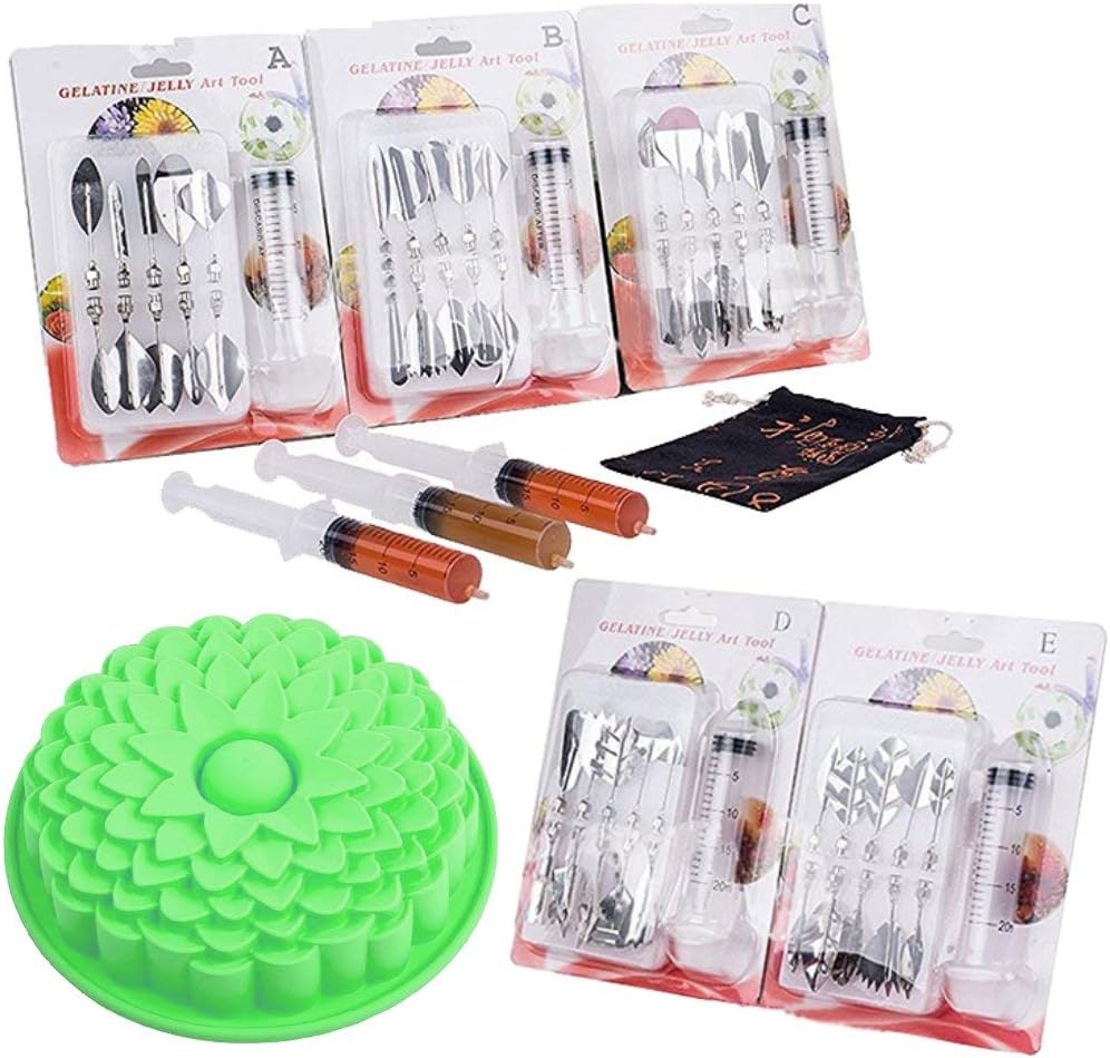 Moldes Para Gelatin Silicon Jelly and Cake Molds 3D DIY with Stainless Steel Jelly Art Tools 5-Set (50 Pcs)- Complete Sets with Syringe and Storage Bag - Easy to Use โ (Green)