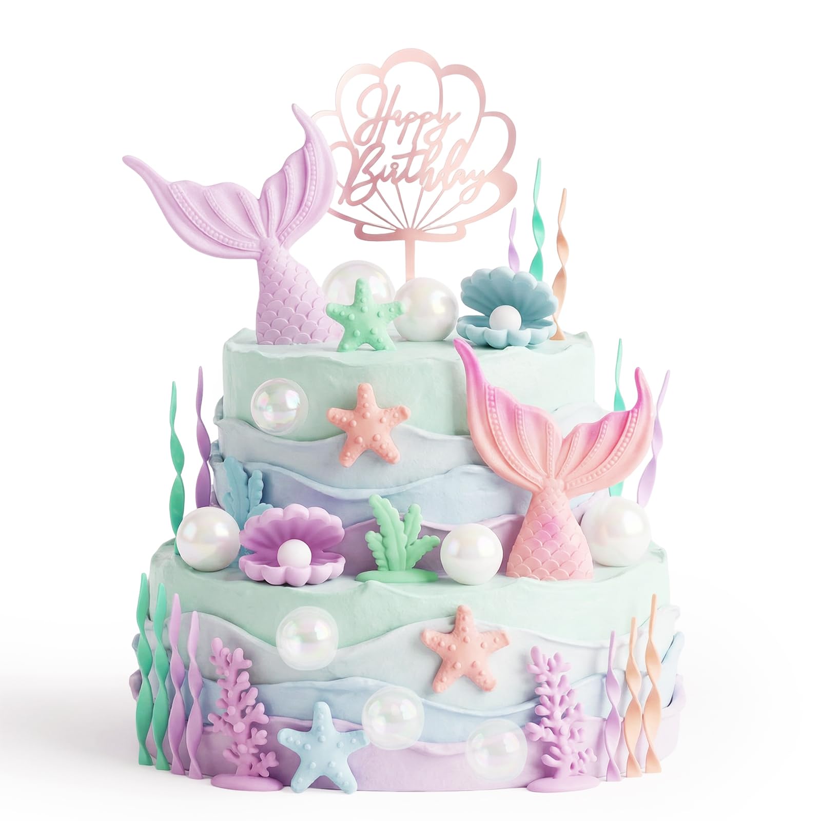 28PCS Mermaid Cake Topper Set,Under the Sea Cake Decorations Seashell Cakes decorations with Mermaid Tails Starfish Seashell Coral Seaweed for Ocean Theme Birthday Party Cakes Cupcake Decor (Mermaid)