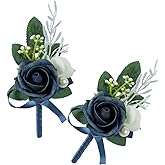 YSOJMAN Set of 2 Navy Blue Rose Boutonniere for MenWedding, Groom Groomsman Artificial Flowers for Wedding Anniversary Celebration,Prom,Party,Home Decoratio (Navy Blue)