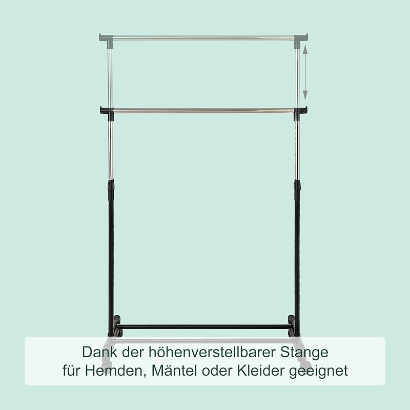 Kleiderständer, höhenverstellbar 90–158 cm, mit Rollen, Ablage, bis 15 kg, Garderobenständer, Silber/schwarz