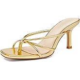 LAICIGO Women’s Square Open Toe Flip Flops Stiletto Heels Strappy Thong Slide on Slingback Mules Sandals