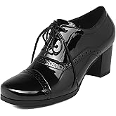 SHEMEE Women's Chunky Lace Up Vintage Oxfords Dress Pumps Round Toe Block Mid Heels Retro Brogues Shoes