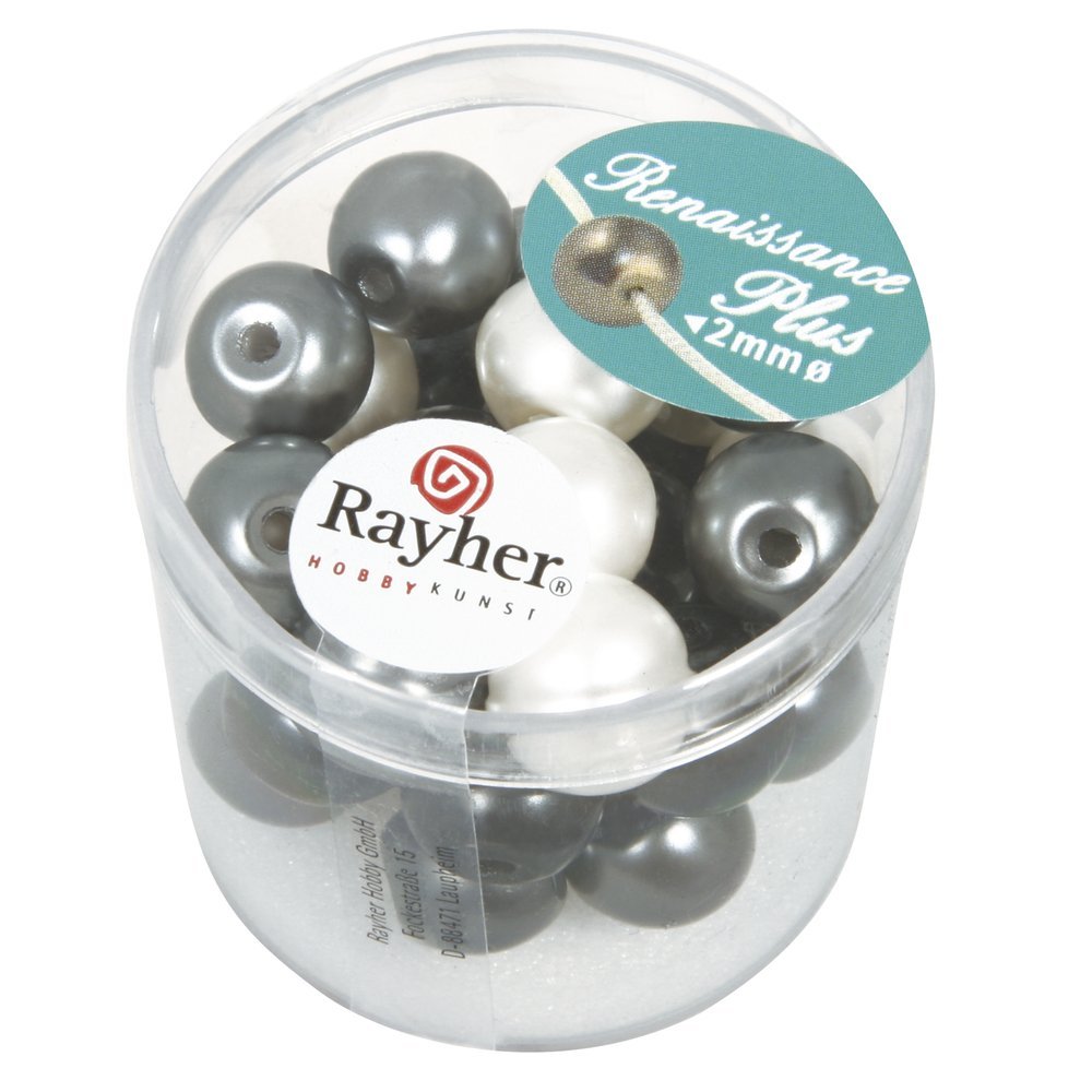 RAYHER Renaissance Glass Wax Beads with Large Hole Diameter 10 mm Pack of 32 14438000, weiß/grau Mix