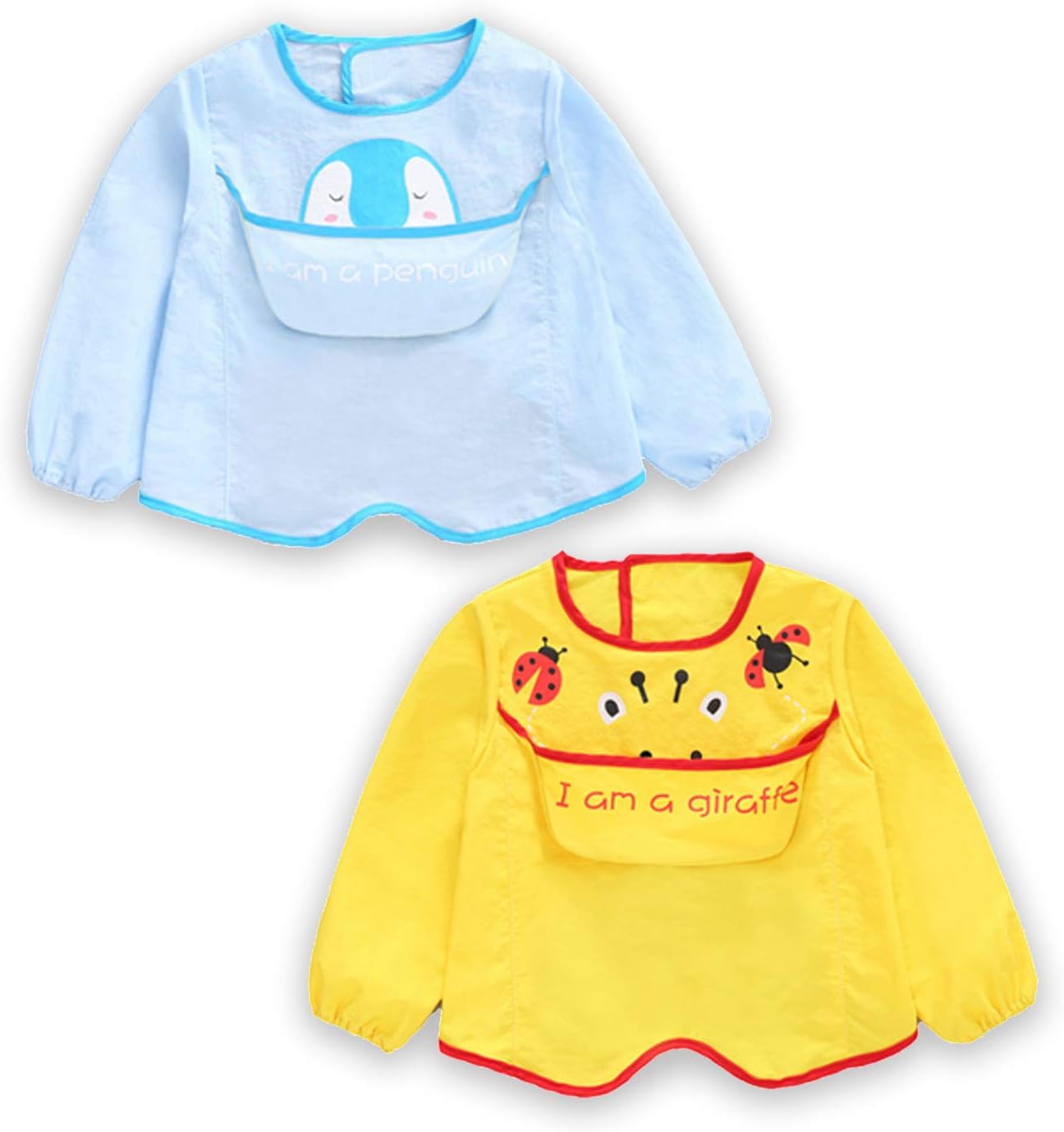 2 Pcs Long Sleeved Bib Set | Full Coverage Baby Waterproof Bibs with Pocket Bundle | Toddler Bib with Sleeves and Crumb Catcher | Stain and Odor Resistance Play Smock Apron - Pack of 2 | 6-24 Months