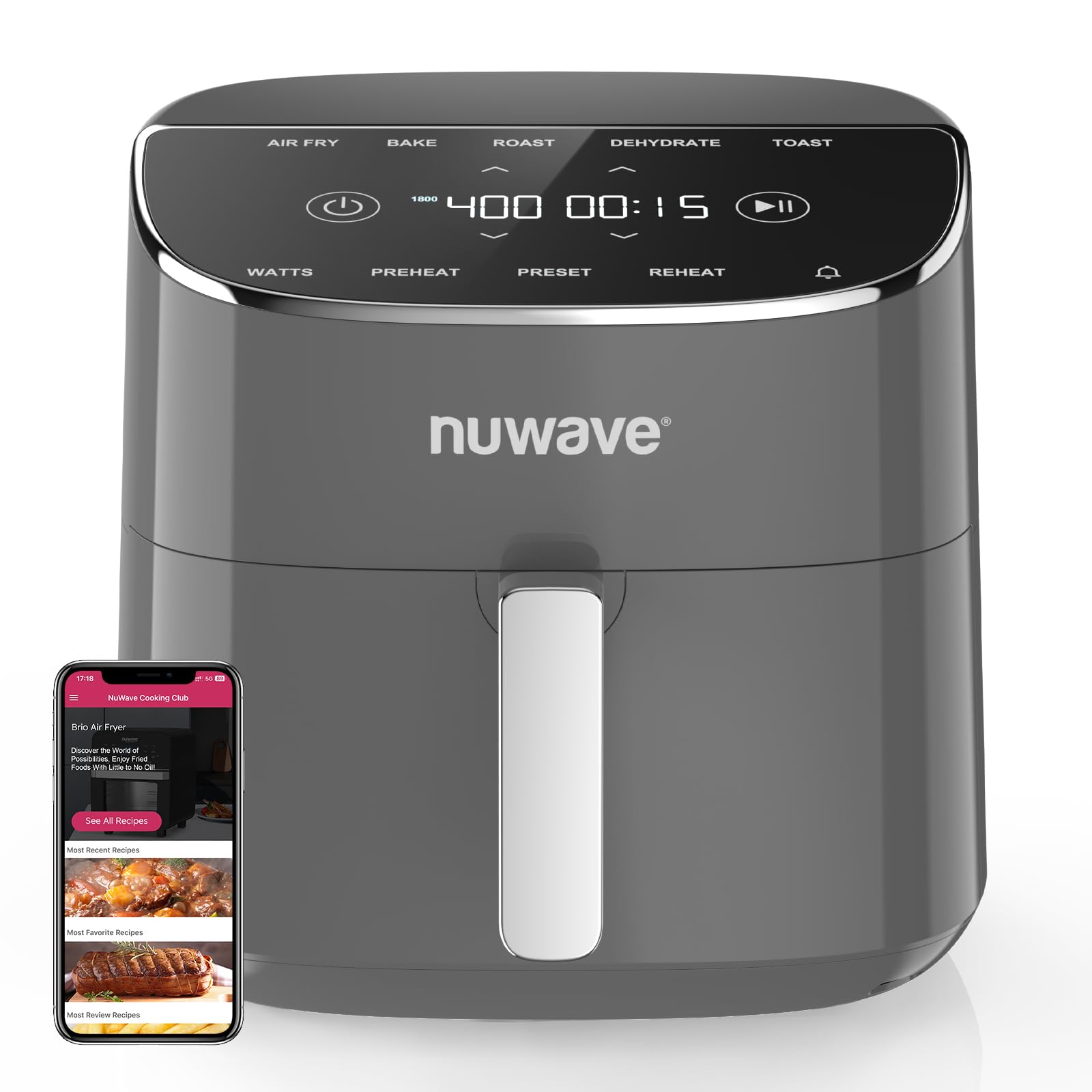 Freidora de aire Nuwave Brio Plus de 8 cuartos, nueva y mejorada, SIN PFAS, 7 funciones digitales de cocción con un solo toque que FREÍR AL AIRE, HORNEAR, ASAR, DESHIDRATAR, TOSTAR, RECALENTAR, PRECALENTAR, 150 ajustes preestablecidos, 50 °F ~ 400 °F (gris frío)
