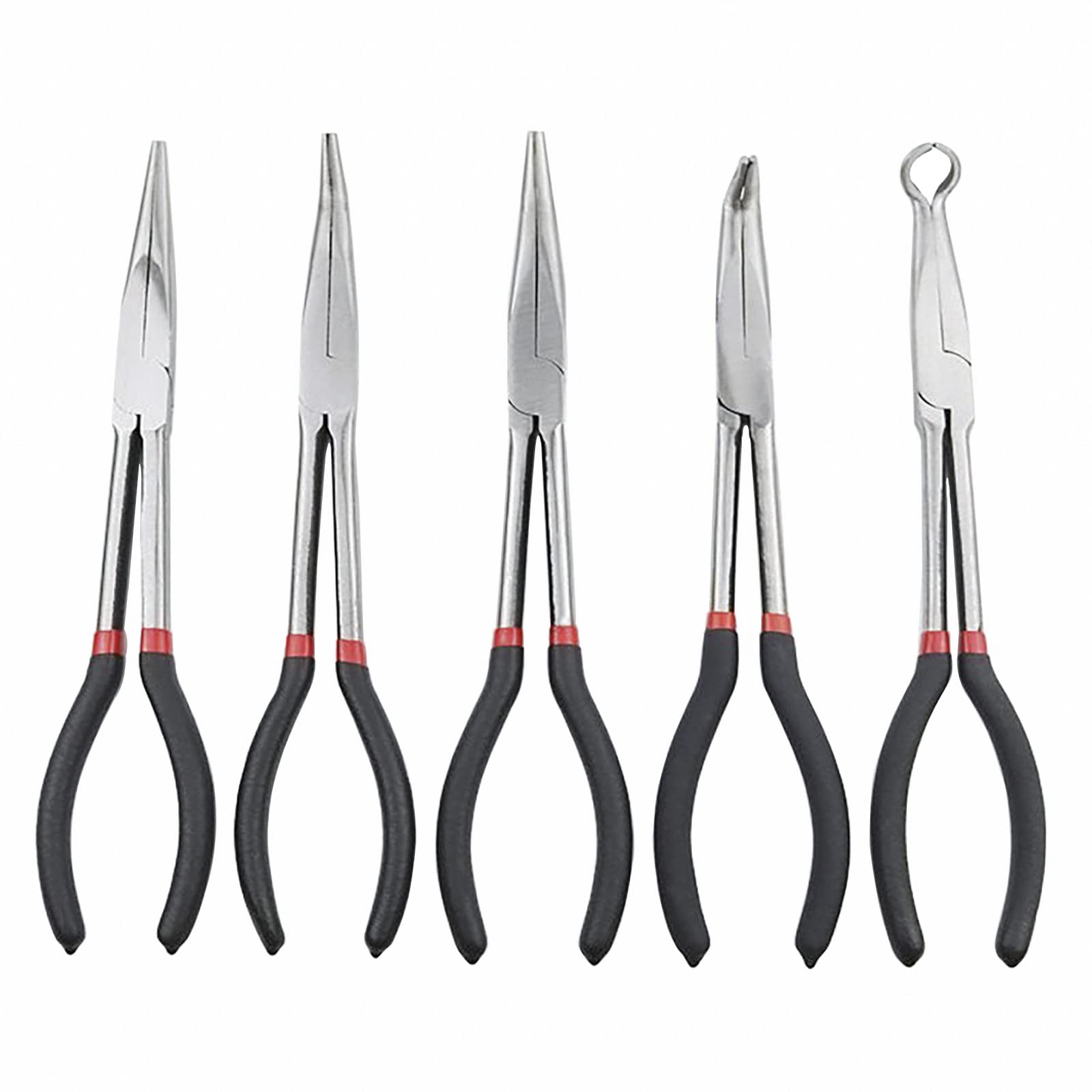QISF 5 Pcs Long Reach Pliers Set | 11 inch Nose Pliers | 25° 45° 90° Curved Straight Needle Nose Pliers | for Home Craft Jewelry Making Car Repairing