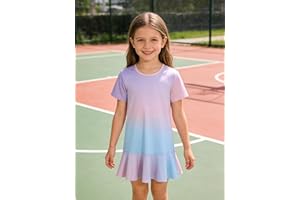 Girls' Short-Sleeved, Ruffled Hem, Loose-Fitting, Casual Halter-Neck Summer T-Shirt Dress, Suitable for Girls Aged 6-13