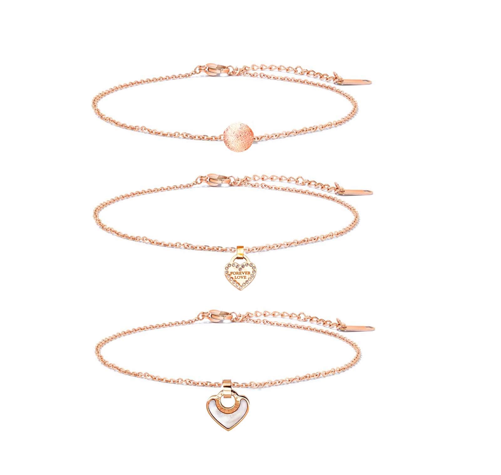 findout Women Anklet Set Women Rose Gold Plated Titanium Steel Cubic Zirconia Star Heart Circle Bell Butterfly 3 Anklet Set (f1854)