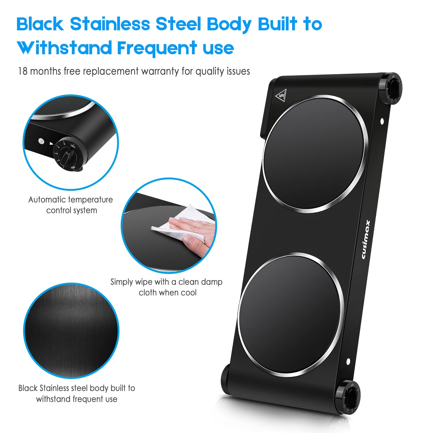 Cusimax Portable Electric Stove, 1800W Infrared Double Burner Heat-up In Seconds, 7 Inch Ceramic Glass Double Hot Plate Cooktop for Dorm Office Home Camp, Compatible w/All Cookware - Upgraded Version